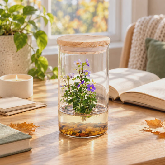 Video showing the tall Persian violet zero-care terrarium, key features, and dimensions